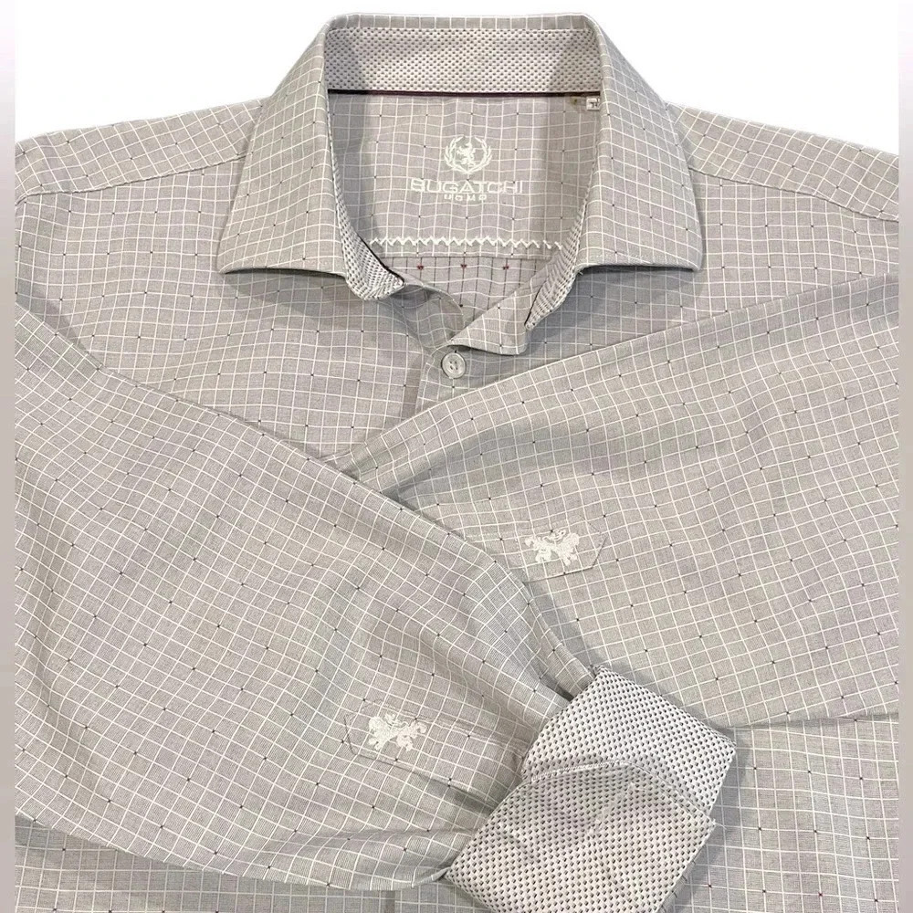 Bugatchi Uomo Grid Check Plaid Cotton Gray Button Down Mens 17 34/35